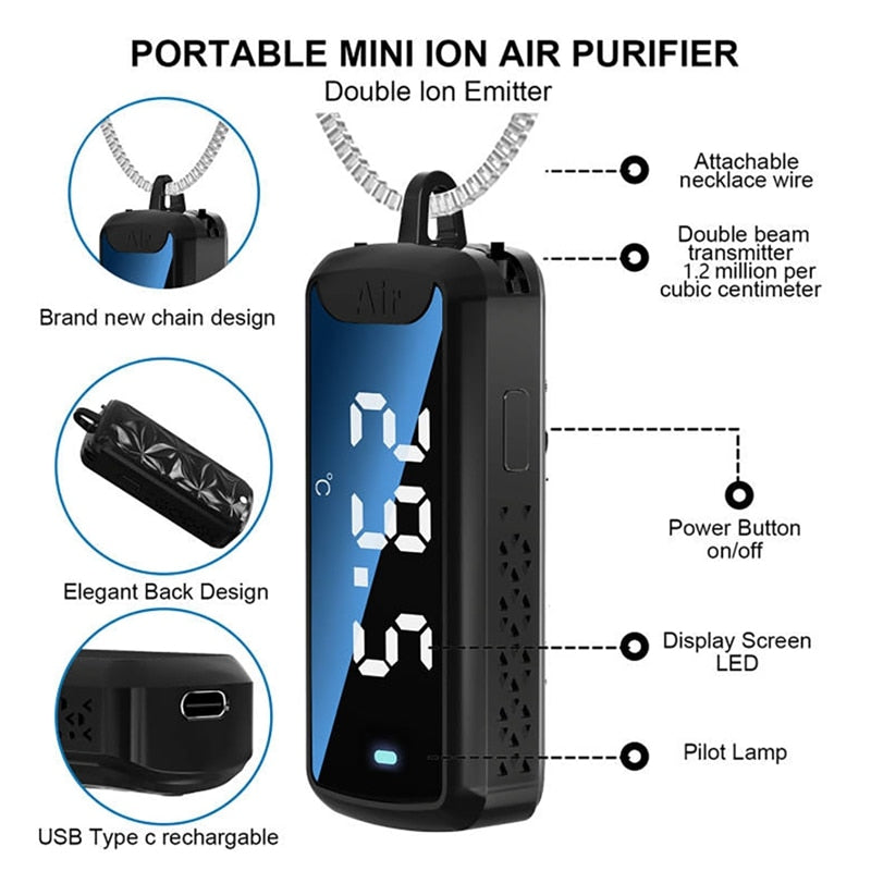 120 Million Negative Ion Hanging Neck Air Purifier Personal Wearable Mini Portable Temperature Measurable Air Purifier