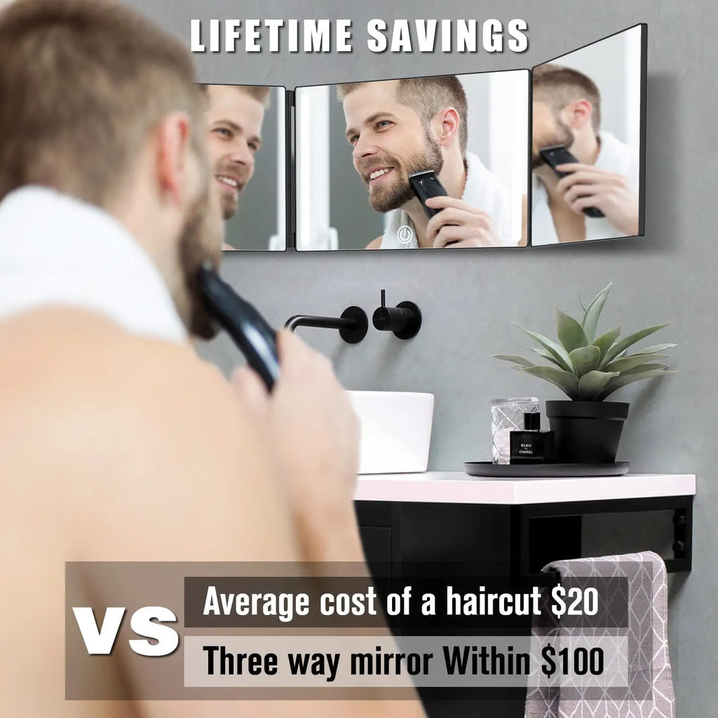 Hanging 3 Way Mirror with LED Lights Trifold Self Haircut Mirror Adjustable  Makeup Mirror 360-degree Viewing Angle Cut Mirror