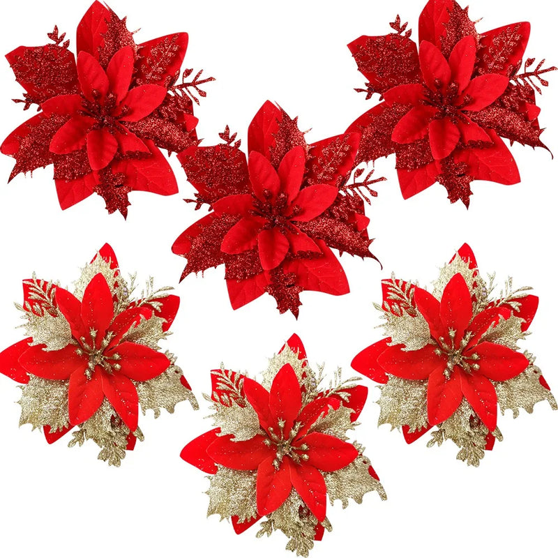 10PCS Christmas Flowers Red Gold Bling Flower Heads For Noel Home Tree Decorations Navidad Party Table Setting Decor Supplies