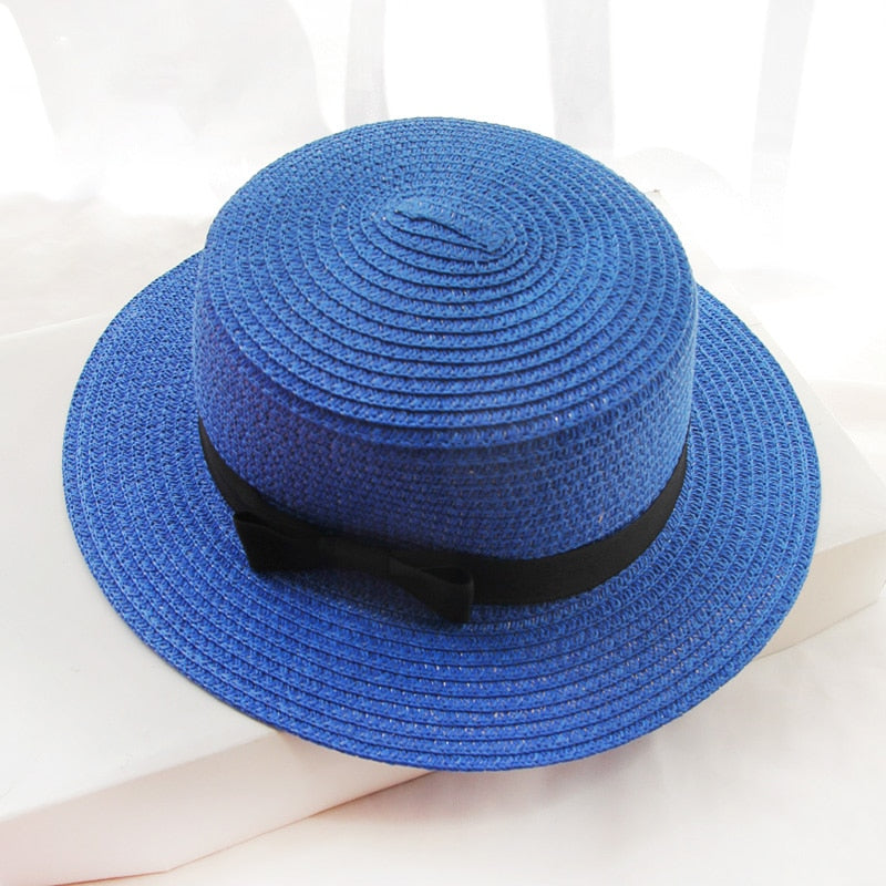Yuanbang Summer Beach Hat Female Casual Panama Hat Women Flat Brim Straw Cap Girls Sun Hat-Navy Blue, Women's, Size: One Size
