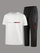 Men's Casual Sports Two-Piece Set Short Sleeve Top Straight Leg Pants with Paris Print, Fashionable And Trendy, Ideal for Summer, Parties, Casual Outings, And Everyday Wear, Everyday Wear|Short Sleeve Top|Print Trousers