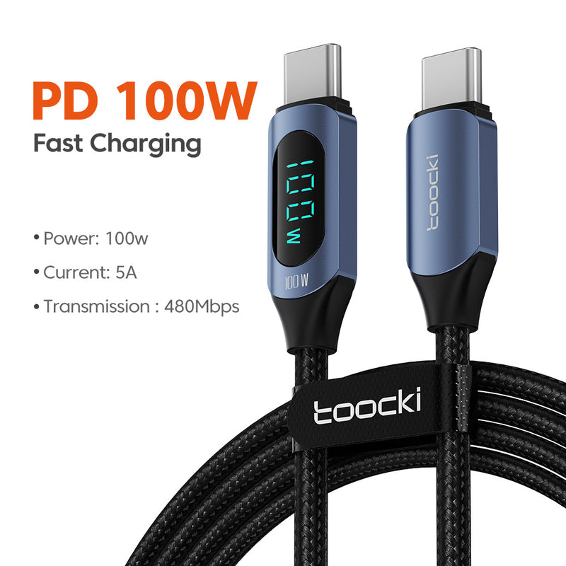 1. Bold, Toocki 100W USB-C to USB-C Fast Charging Cable with Digital Display, Durable Braided Cable for Xiaomi, POCO F3, Realme, MacBook, iPad - Blue and Black, Versatile Connectivity|Braided Texture|Flexible Cable Constructi