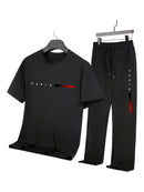 Men's Casual Sports Two-Piece Set Short Sleeve Top Straight Leg Pants with Paris Print, Fashionable And Trendy, Ideal for Summer, Parties, Casual Outings, And Everyday Wear, Everyday Wear|Short Sleeve Top|Print Trousers
