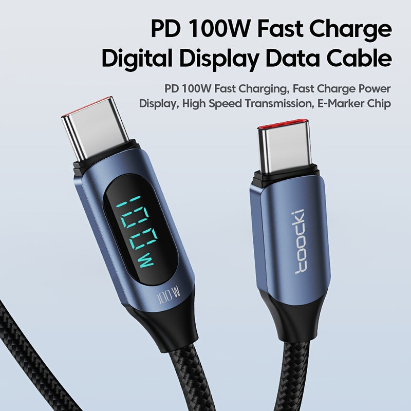 1. Bold, Toocki 100W USB-C to USB-C Fast Charging Cable with Digital Display, Durable Braided Cable for Xiaomi, POCO F3, Realme, MacBook, iPad - Blue and Black, Versatile Connectivity|Braided Texture|Flexible Cable Constructi