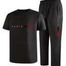 Men's Casual Sports Two-Piece Set Short Sleeve Top Straight Leg Pants with Paris Print, Fashionable And Trendy, Ideal for Summer, Parties, Casual Outings, And Everyday Wear, Everyday Wear|Short Sleeve Top|Print Trousers