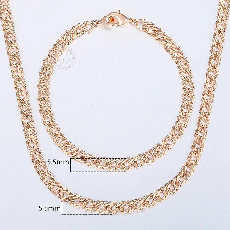 Davieslee Jewelry Sets For Women Men 585 Rose Gold Color Bracelet Necklace Set Double Cuban Weaving Bismark Chain Jewelry LCS04