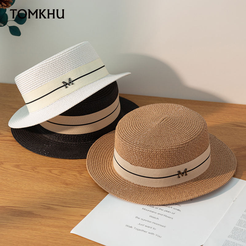 Straw Sun Hats Wide Brim Beach Hat Summer Hats Letter M Ribbon Sun Sunscreen Spring Women Caps sombreros de Free Shipping