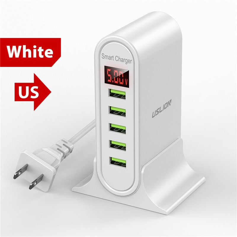 USLION 5 Port USB Charger For Xiaomi LED Display Multi USB Charging Station Universal Phone Desktop Wall Home EU US UK Plug