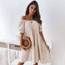 Women Sexy Backless Midi Dress Fashion Lady Slash Neck White Puff Sleeve Big Swing Party Beach Dresses Casual Robe