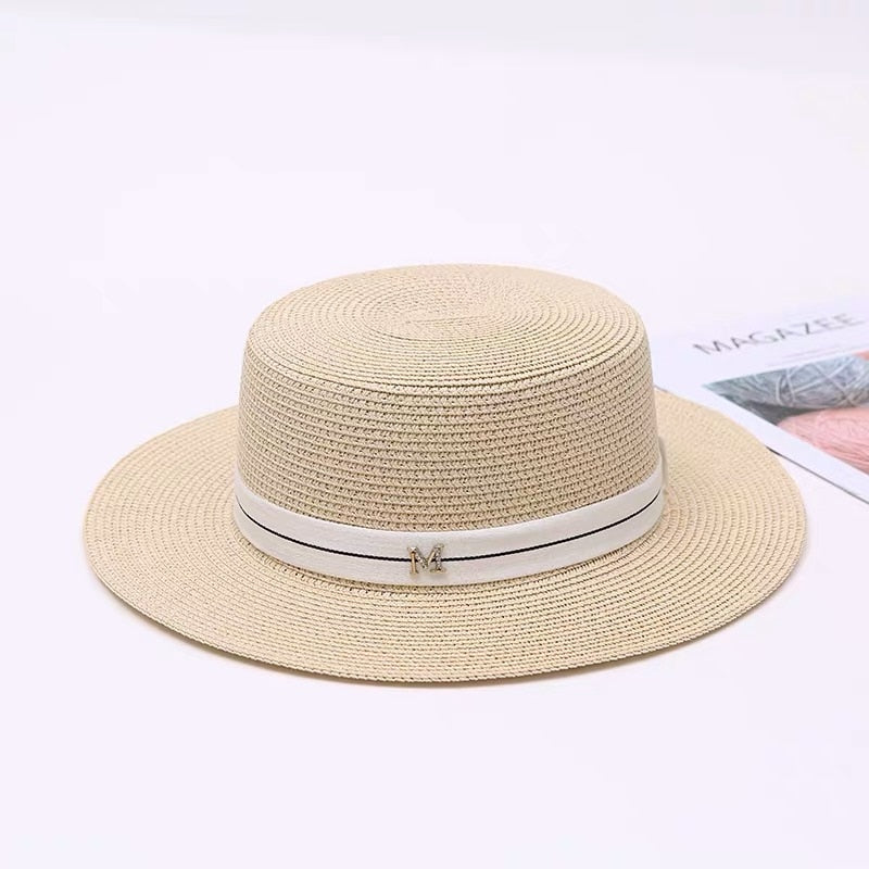 Straw Sun Hats Wide Brim Beach Hat Summer Hats Letter M Ribbon Sun Sunscreen Spring Women Caps sombreros de Free Shipping