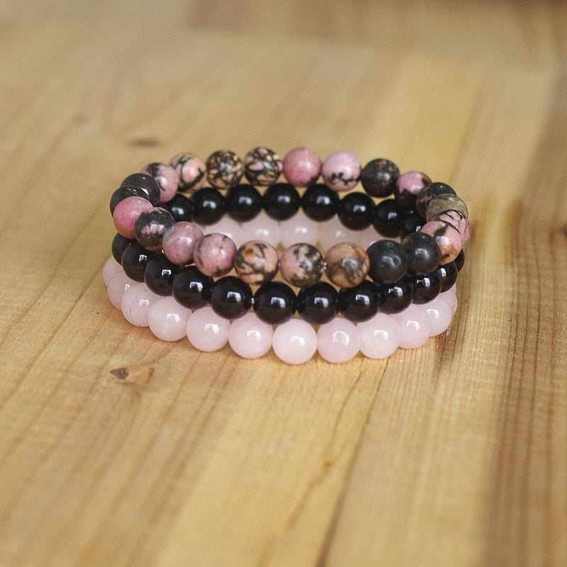 8mm Natural Stone Bracelet Sets Men Women Rhodonite Rose Quartzs Black Onyx Beaded Stackable Wrist Mala Charm Bracelets