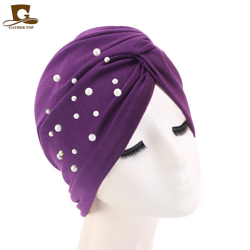 New Muslim Women Pearl Beading Elastic Turban Hat Cancer Cap Head Wrap cotton twist Chemo Cap Beanie Hijab Caps Headwear