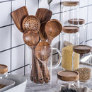 7pcs/set Teak Natural Wood Tableware Spoon Ladle Turner Rice Colander Soup Skimmer Cooking Spoon Scoop Kitchen Reusable Tool Kit
