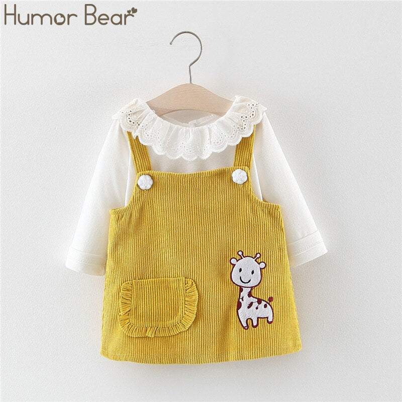 Humor Bear Girls Children's Clothing Doll Collar Long Sleeve +Strap Dress  2Pcs Suit Baby Kids Clothing Suit