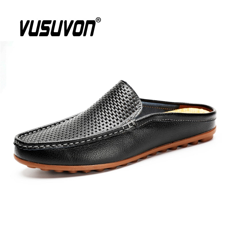 Italian Men Slippers Genuine Leather Loafers Moccasins Outdoor Non-slip Black Casual Slides Fashion Shoes