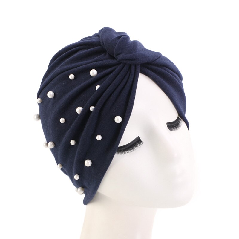 New Muslim Women Pearl Beading Elastic Turban Hat Cancer Cap Head Wrap cotton twist Chemo Cap Beanie Hijab Caps Headwear