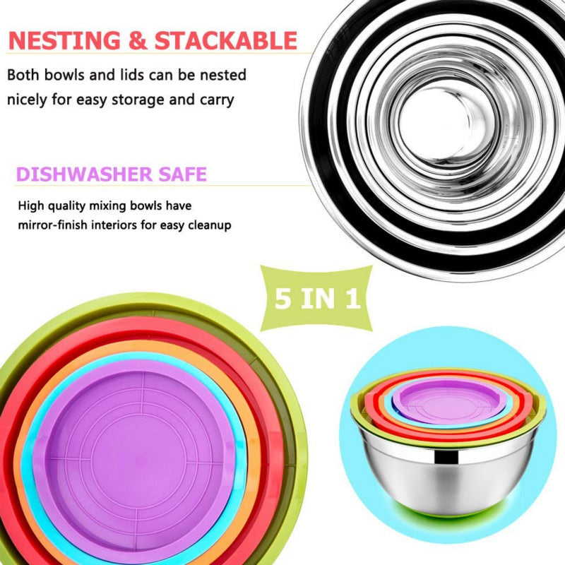 5 Pieces Stainless Steel Mixing Bowls 18/20/22/24/26cm Diameter Metal Nesting Bowls with Colorful Airtight Lids Non-Slip Bottoms