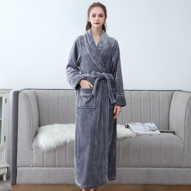 Women Men Winter Plus Size Flannel Robe Extra Long Hooded Warm Bathrobe  Lovers Thick Kimono Bath Robe Male Dressing Gown Robes