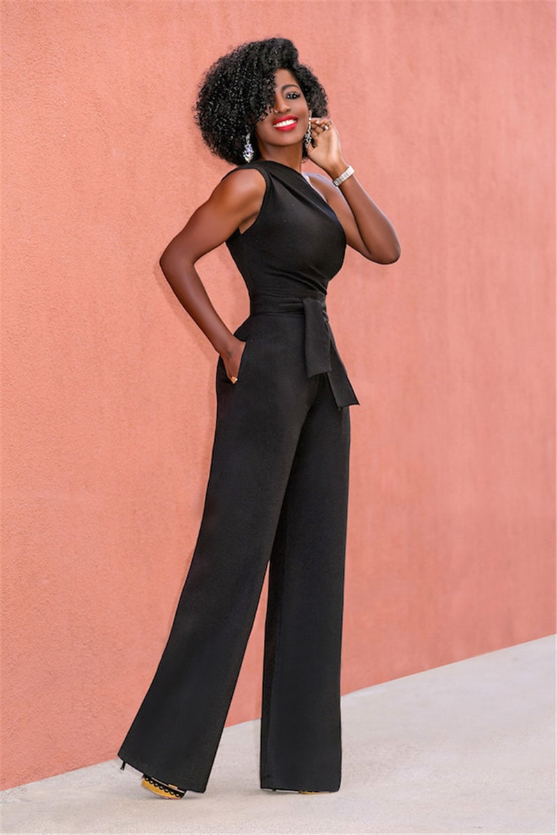 Lycra Wide Leg Jumpsuit Black Polyester Lycra Solid Jumpsuit