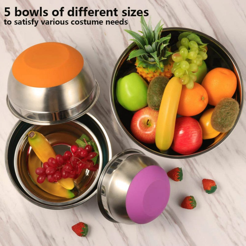 Stainless Steel Mixing Bowls (Set of 5) Silicone Bottom Nesting Storage Salad Bowls Meal Mixing Prepping 1.5-2 - 2.5-3.5 -5QT