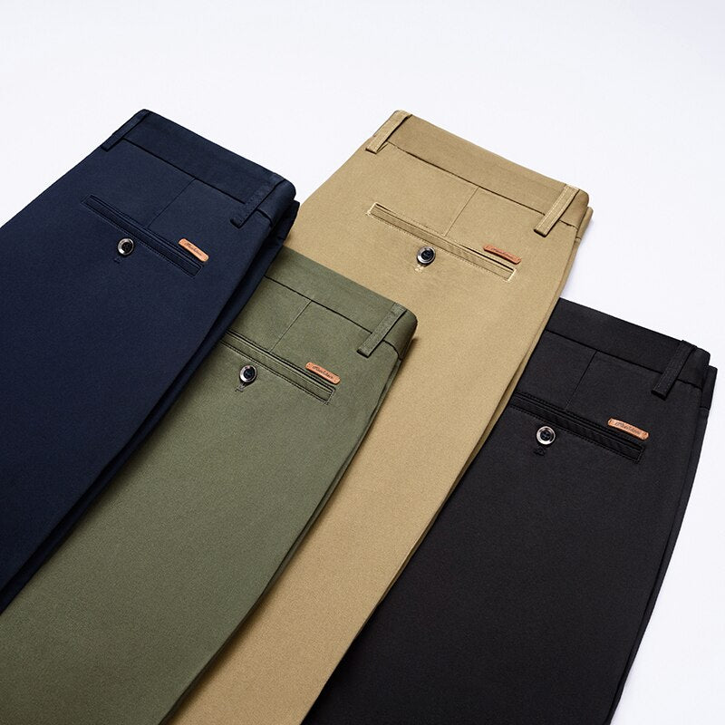 New Men's Cotton Straight Casual Pants Business Fashion Solid Color Elasticity Khaki Trousers Male Brand Green