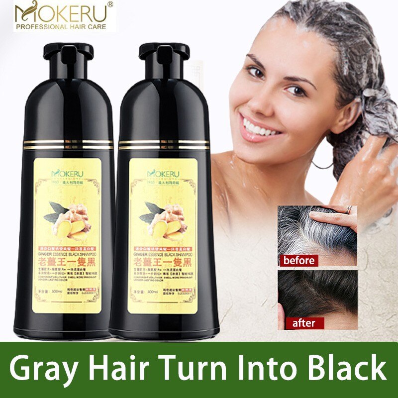 Mokeru 500ml Organic Ginger Black Hair Shampoo Permanent Herbal Gray Hair Dye Black Shampoo For Woman Man White Gray Hair Remove