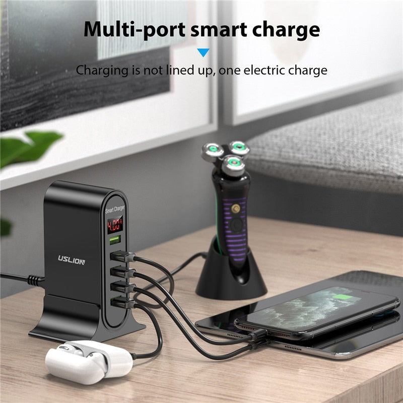 USLION 5 Port USB Charger For Xiaomi LED Display Multi USB Charging Station Universal Phone Desktop Wall Home EU US UK Plug