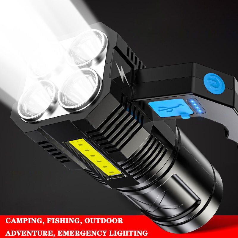 High Power Four-cell LED Flashlight USB Rechargeable Powerful COB Sear