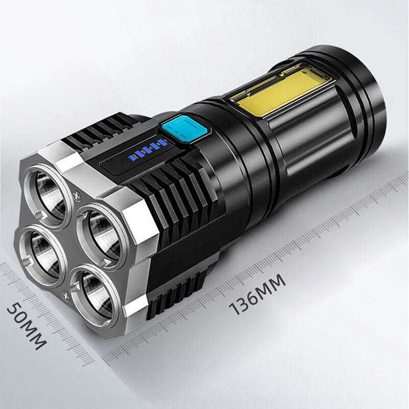 High Power Four-cell LED Flashlight USB Rechargeable Powerful COB Searchlight Camping Super Bright Spotlight Cycling Light