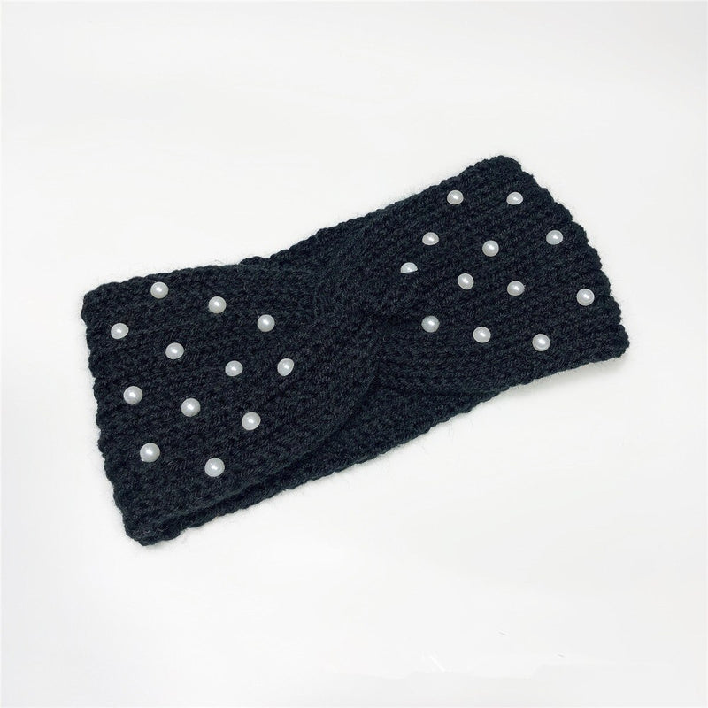 New Pearl Knitted Cross Headbands For Women Girls Handmade Hair Accessories Autumn Winter Headwear Ear Warmer Elastic Hair band