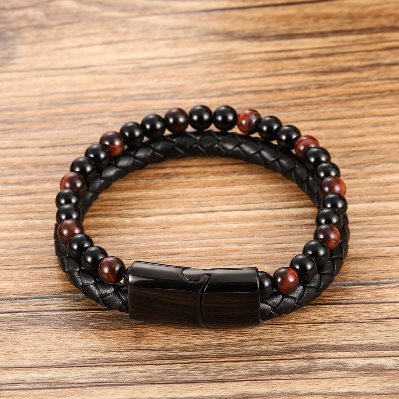 Charm Men Bracelet Rope Stainless Steel Magnetic Natural Stone Leather Beaded Braclet Volcanic Stone bracelet bangles Chain Gift