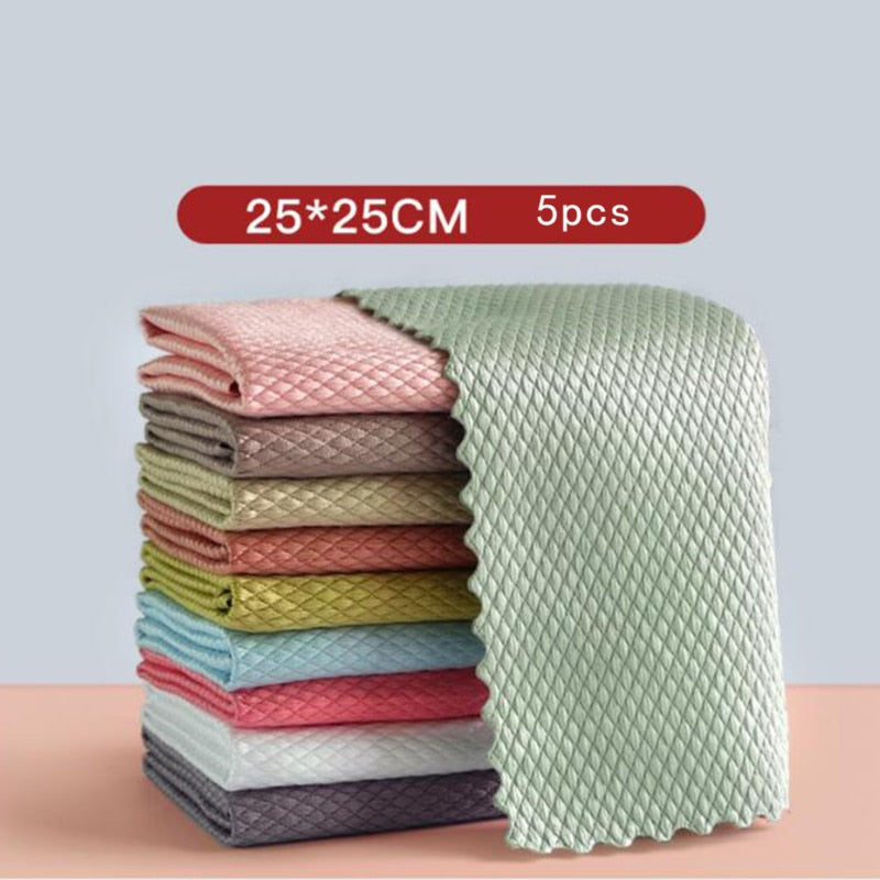 5Pcs Kitchen Anti-Grease Wiping Rags Efficient Fish Scale Wipe Cloth Cleaning Cloth Home Washing Dish Cleaning Towel