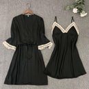 Satin Robe Set Sexy Female Sleepwear Kimono Bathrobe Lace Trim Bride Bridesmaid Dressing Gown Casual Nightgown