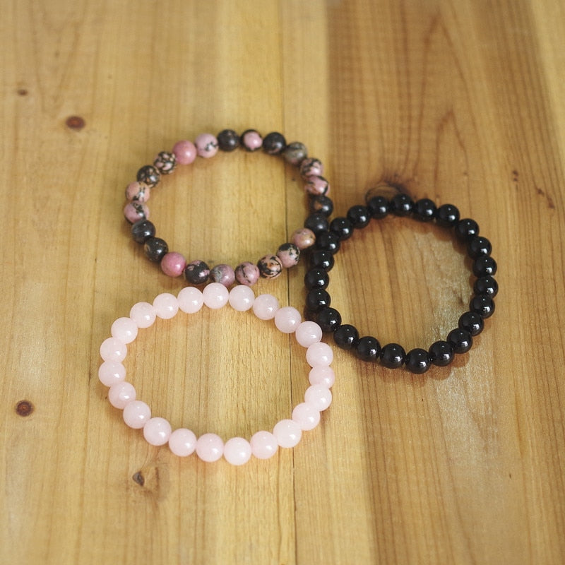 8mm Natural Stone Bracelet Sets Men Women Rhodonite Rose Quartzs Black Onyx Beaded Stackable Wrist Mala Charm Bracelets