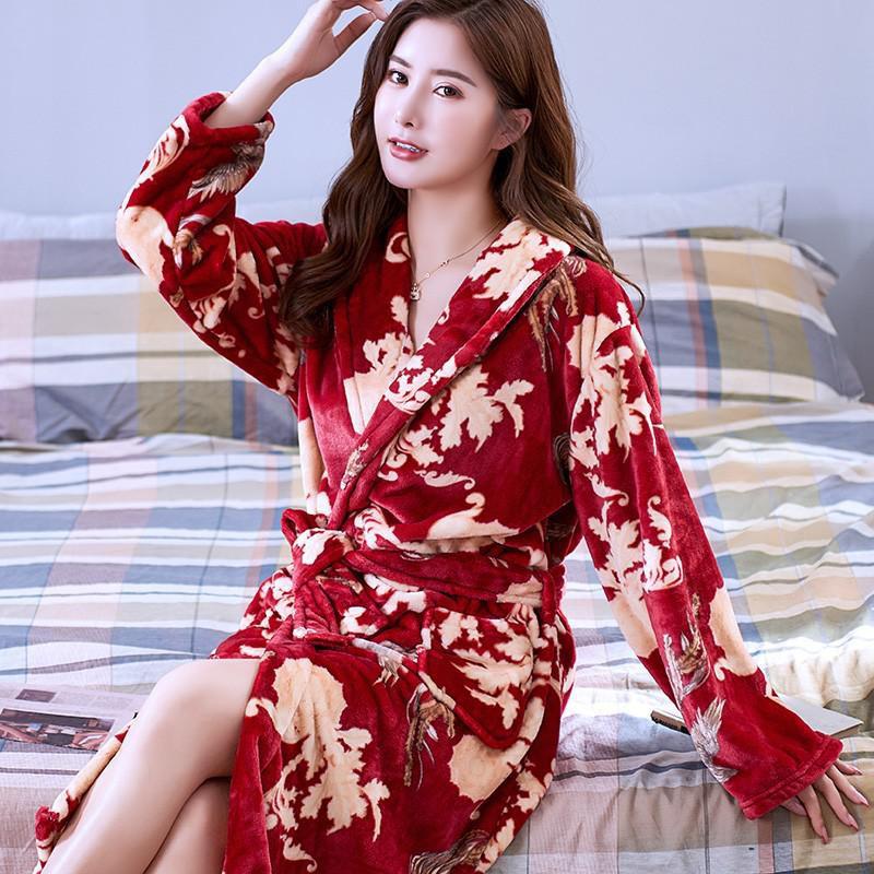 Lovers Coral Fleece Robe Warm Sleepwear Women Men Thicken Flannel Bathrobe Lounge Nightgown Home Clothes Bigsize