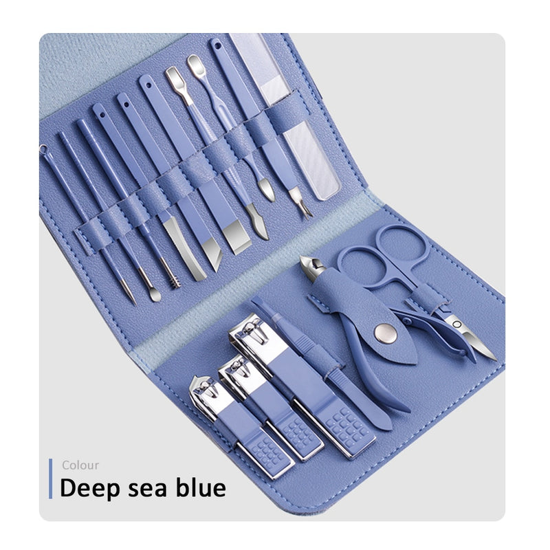 16pcs Manicure Set With PU Leather Case Nail Clippers Kit Pedicure Care Tools Nail Care Scissors Clippers Trimmer Nail Art Tools