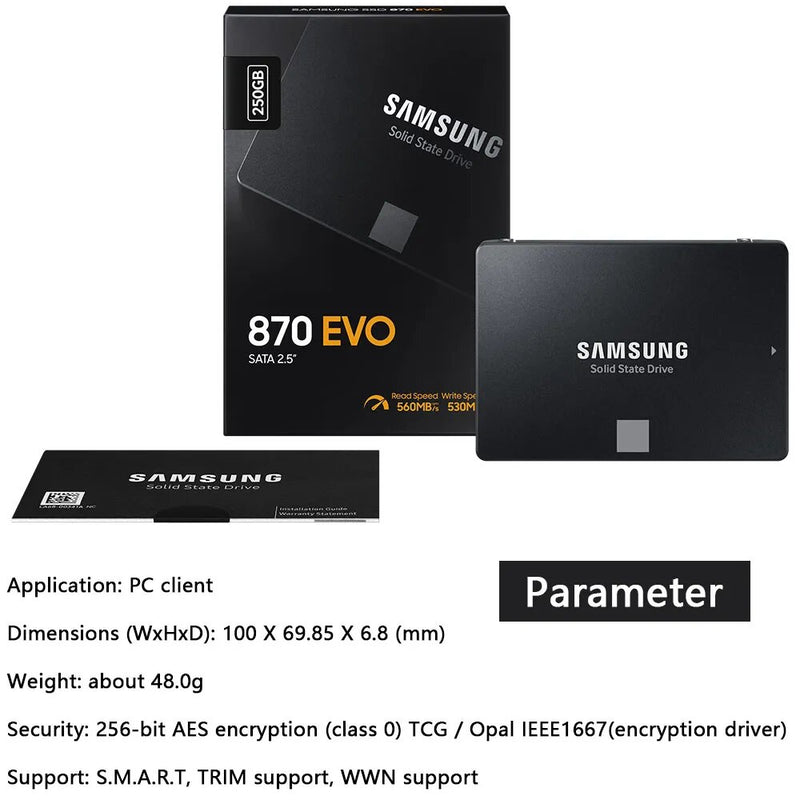 SAMSUNG SSD 870 EVO 250GB 500GB Internal Solid State Disk HDD Hard Drive SATA 2.5 250 GB 1TB 2TB Inch Laptop Desktop PC