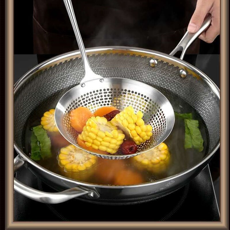 Stainless Steel Colander Strainer Soup Spoon Hot Pot Oil Filter Skimmer Mesh Long Wooden Handle Kitchen Sieves Scoop Tableware