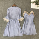 Satin Robe Set Sexy Female Sleepwear Kimono Bathrobe Lace Trim Bride Bridesmaid Dressing Gown Casual Nightgown