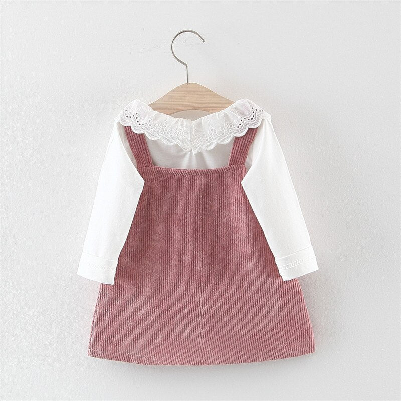 Humor Bear Girls Children's Clothing Doll Collar Long Sleeve +Strap Dress  2Pcs Suit Baby Kids Clothing Suit