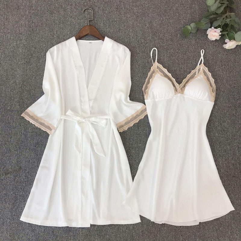 STJDM Nightgown,White Robe Women Pajamas Set Silk Rayon Robe Set Bridal  Dressing Gown Wonderful Sleepwear M Beige