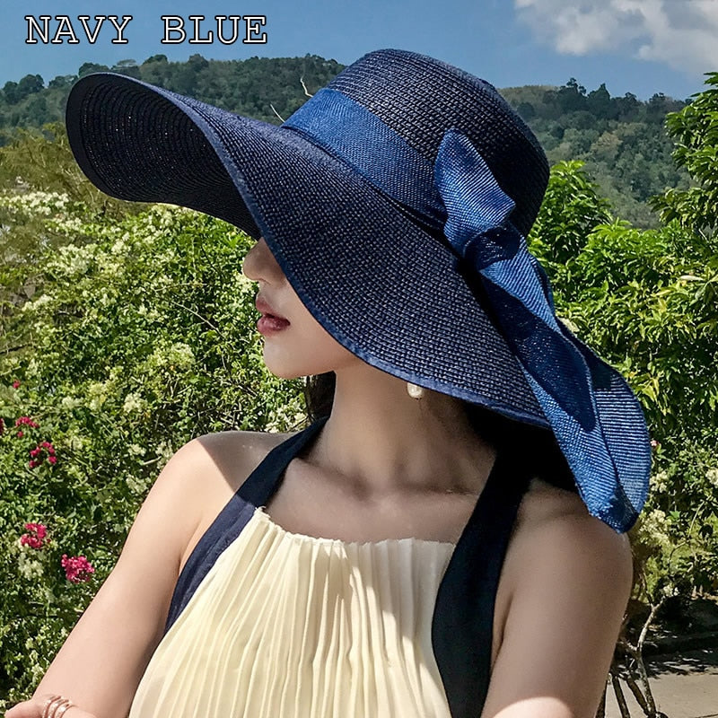 K60 Women Hat Beach Big Brim Straw Seaside Sun Hat Travel Women Panama Sun Protection Felt hat UPF 50+ Sun Visor