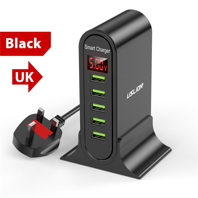 USLION 5 Port USB Charger For Xiaomi LED Display Multi USB Charging Station Universal Phone Desktop Wall Home EU US UK Plug