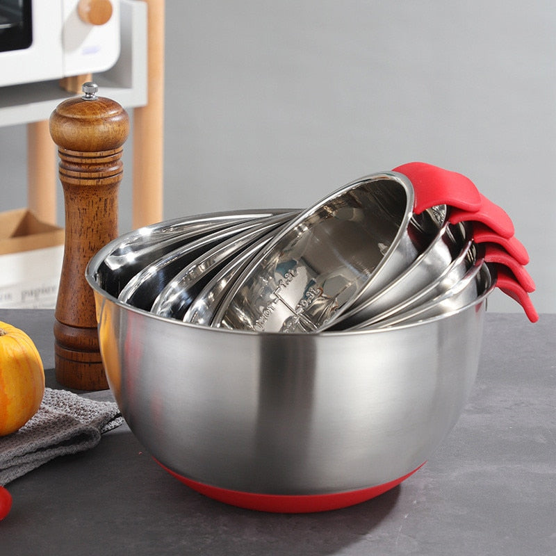 Stainless Steel Salad Mixing Bowl with Scale Non-Slip Silicone Lid Base Egg Beater Fruit Bowls Food Container Kitchen Utensils