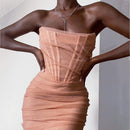 Cryptographic Elegant Corset Bustier Bone Ruched Mesh Midi Dresses Party Night Club Sexy Backless Strapless Dress Bodycon