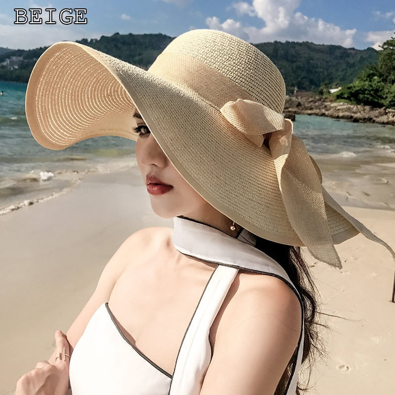 K60 Women Hat Beach Big Brim Straw Seaside Sun Hat Travel Women Panama Sun Protection Felt hat UPF 50+ Sun Visor