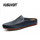 Italian Men Slippers Genuine Leather Loafers Moccasins Outdoor Non-slip Black Casual Slides Fashion Shoes