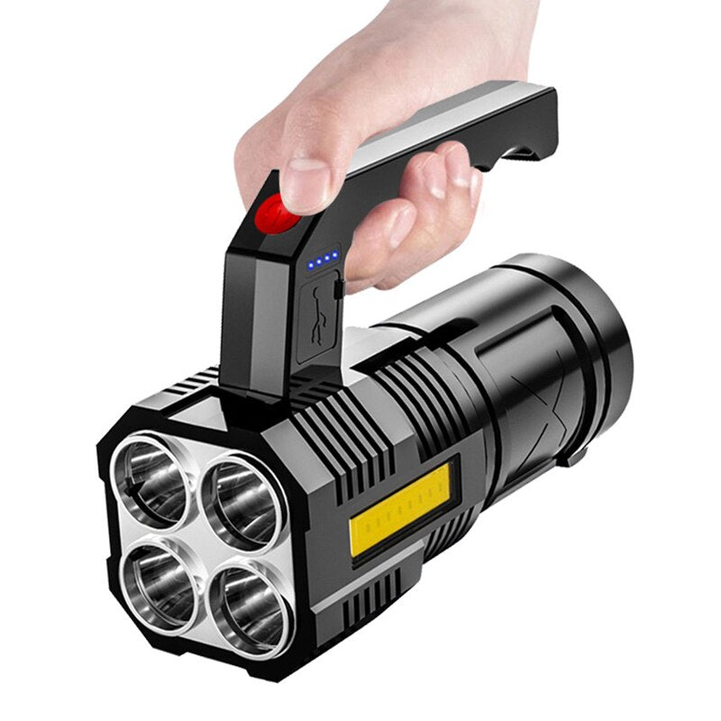 High Power Four-cell LED Flashlight USB Rechargeable Powerful COB Searchlight Camping Super Bright Spotlight Cycling Light