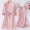 Satin Robe Set Sexy Female Sleepwear Kimono Bathrobe Lace Trim Bride Bridesmaid Dressing Gown Casual Nightgown