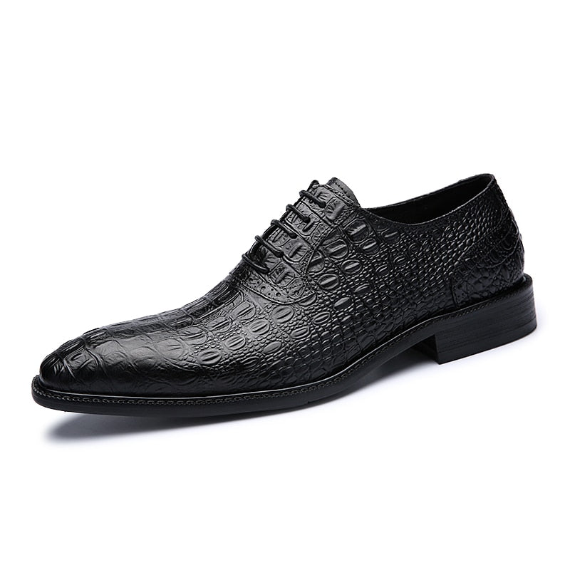 Alligator Style Mens Wedding  Shoes Lace Up Oxford Genuine Leather Crocodile Print Party Business Brown Dress Shoes for Men